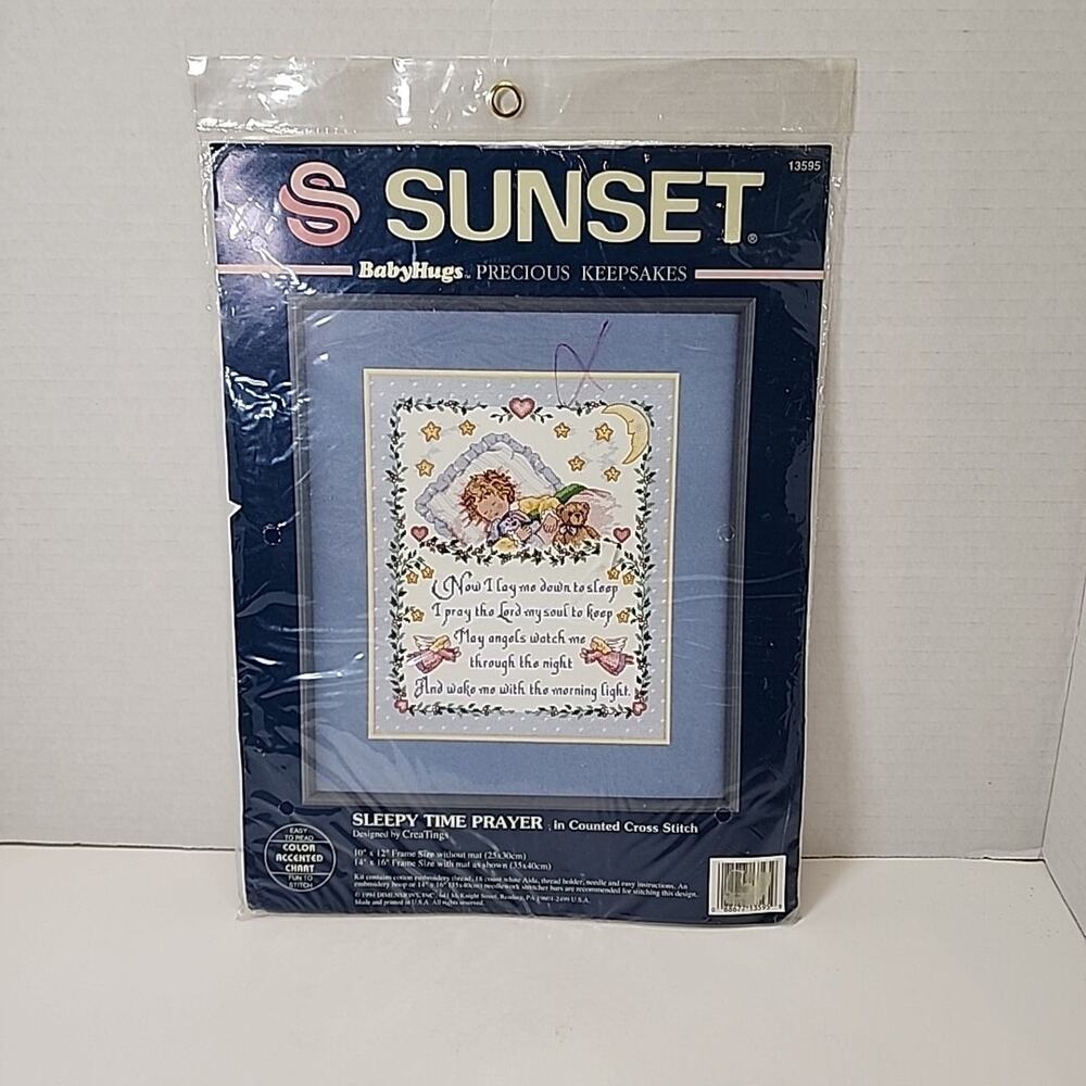 Vtg Sunset Baby Hugs Cross Stitch Kit Precious Keepsakes "Sleepy Time Prayer"